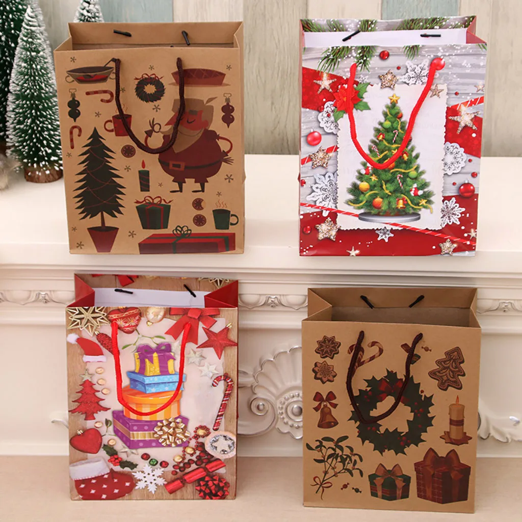 Christmas Gift Bag Paper Bag Packaging Kraft Paper Bottom Tote Bag Merry Christmas Decor Home Decorations New Garden