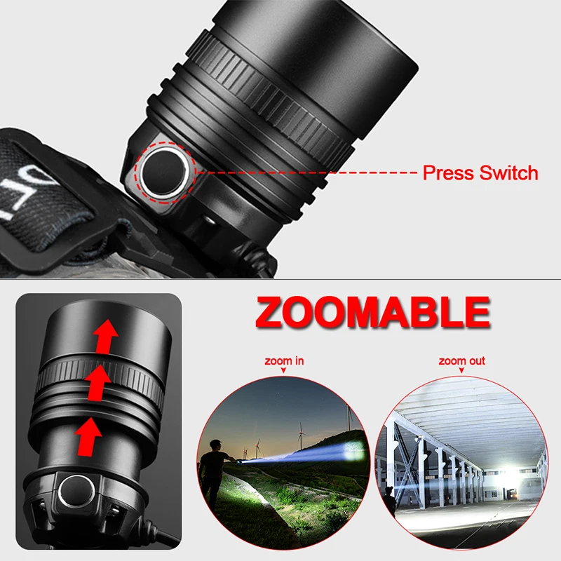 Pocketman Headlamp Powerful XHP50 Head Light USB Rechargeable Headlight Zoomable Head Lamp Head Front Light with 18650 Battery