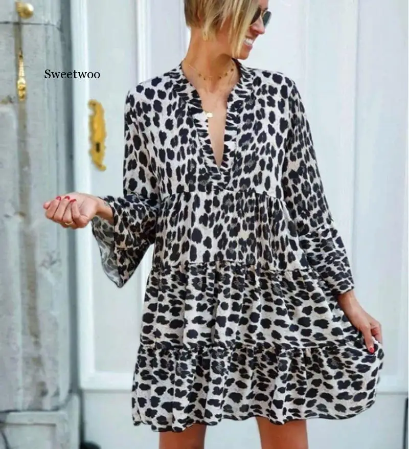 Big Size Ladies Dress Leopard Print High Waist V-neck Bell Sleeve Summer Beach Short Dresses Vestido