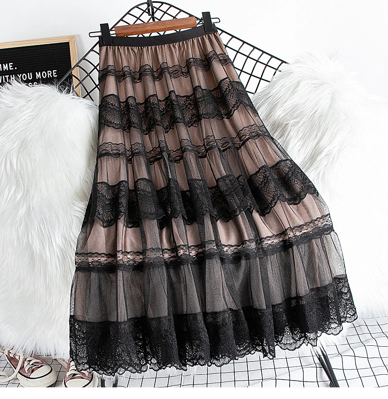 TIGENA אופנה תחרה טול ארוך חצאית נשים 2021 אביב קיץ אלגנטי קו גבוהה מותניים אמצע אורך רשת חצאית נקבה גבירותיי