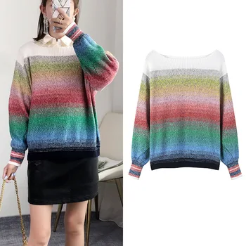 

Womens Autumn Knitted Gradient Sweater Loose Woven Knit Pullovers Ladies Knitwear Casual Women Sweaters and Pullovers