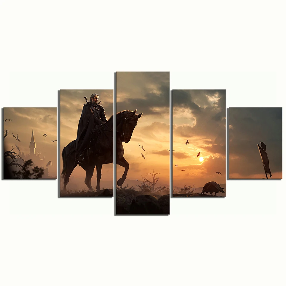 

Home Decoration Canvas Printed 5 Pieces Pictures Wall Art The Witcher 3 Painting Game Modular Poster For Living Room Framework