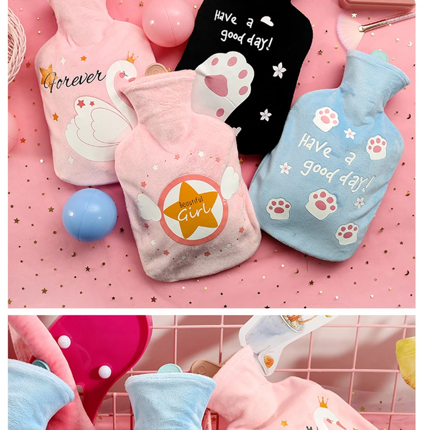 Large Hot Water Bottle with Cute Cartoon Plush Cover 1000ml Girls Kids Hand Warmer Hot Water Injection Bag for Pain Relief