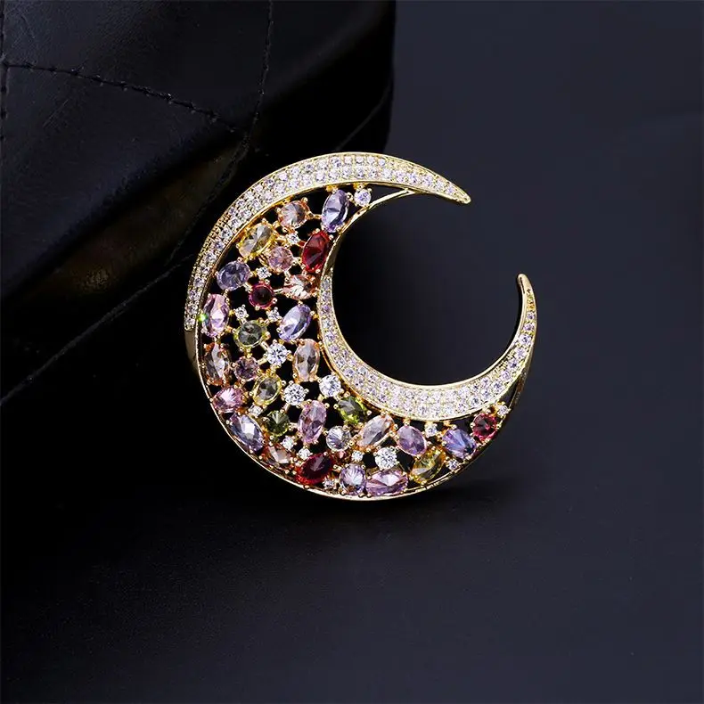 Красочные желтые хрустальные лунные Броши для женщин аксессуары broche femme bijoux, кубический цирконий Брошь шпильки металлические ювелирные изделия
