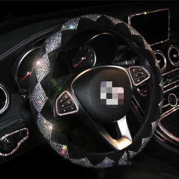 

Luxury Steering Wheel Cover Bling Bling Rhinestones Crystals Car Handcraft Steering Wheel Covers Leather for Girls Women