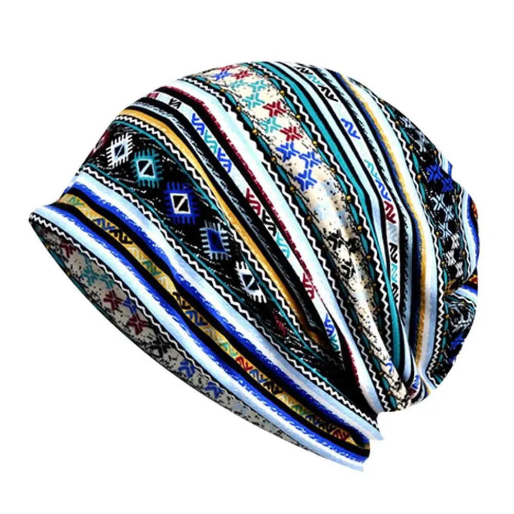Синий Наушники skullies Женская Бохо вязаная шапка с узором шапка женская наружная ветрозащитная для головы и шеи теплая зимняя шапка женская шапочка muts - Цвет: Синий