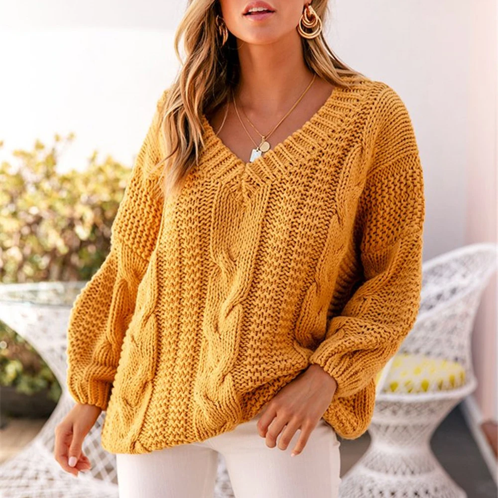 

Women Thick Knitted Twist Pullovers Winter Fashion Long Sleeve V-neck Oversized Sweaters Solid Color Loose Jumpers Knitwear