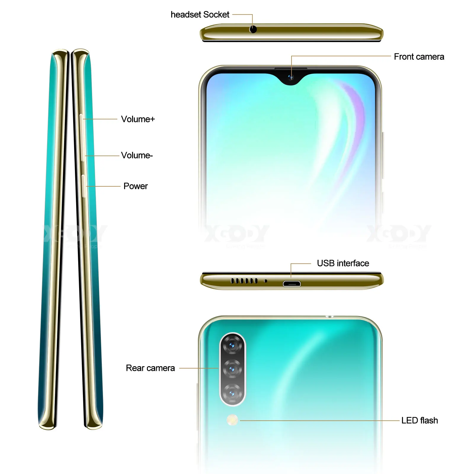  Xgody Note 7 2GB 16GB Smartphone 6.26'' Water Drop HD Screen MTK6580 Quad Core Android 9.0 Face unl