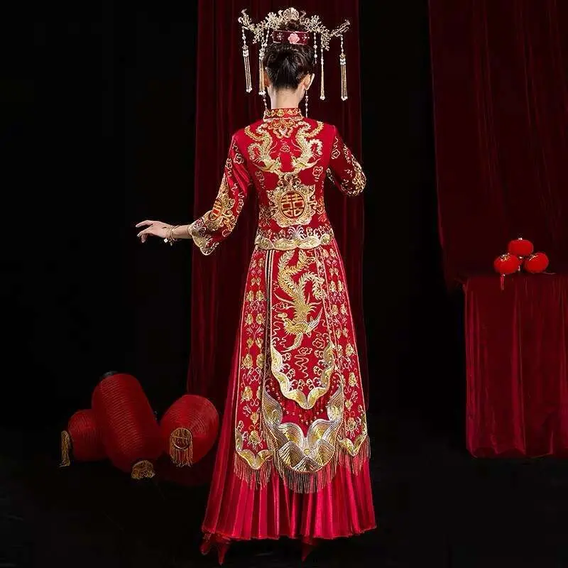 High Quality Embroidery Add Rhinestone Bride Dress Wedding Dress Retro Dress Chinese Cheongsam Dress Long Section Size S-XXL