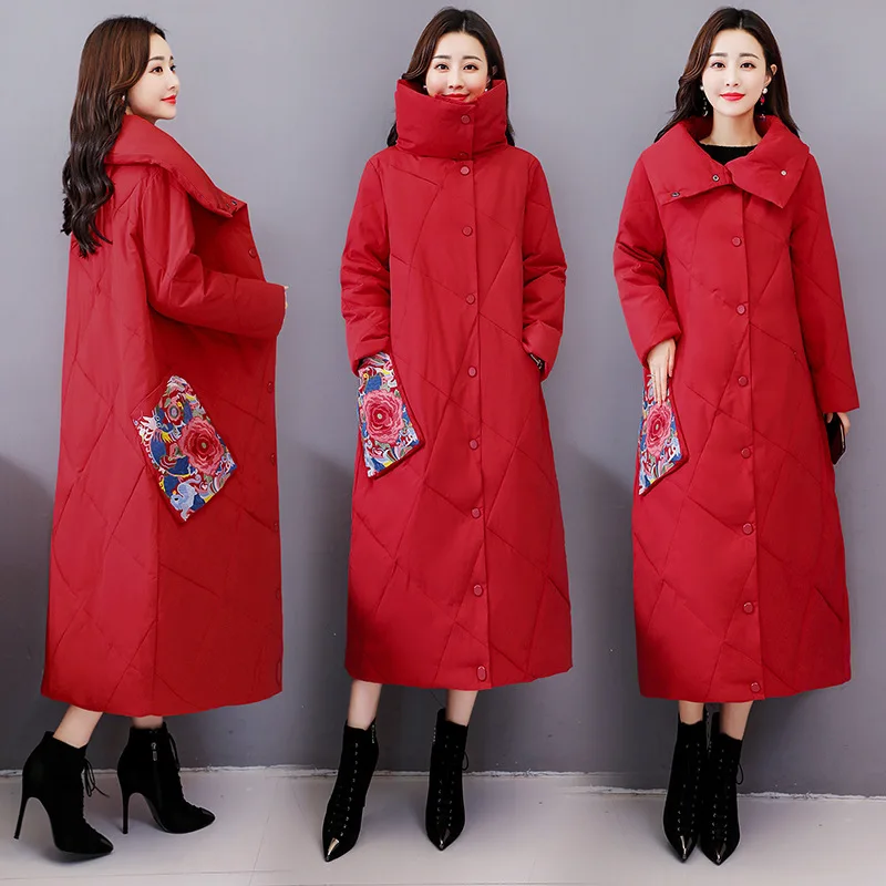 

2019 New Style Winter Women's Mid-length over-the-Knee Cotton-padded Clothes Winter Coat Retro National Wind Embroidered down Ja
