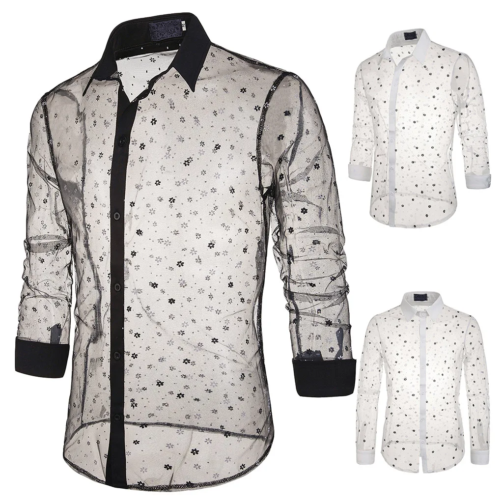 Мужские сексуальные прозрачные майки мужские повседневные с принтом Camisa Masculina полый Тонкий рубашки топы Chemise Homme тонкая гавайская рубашка