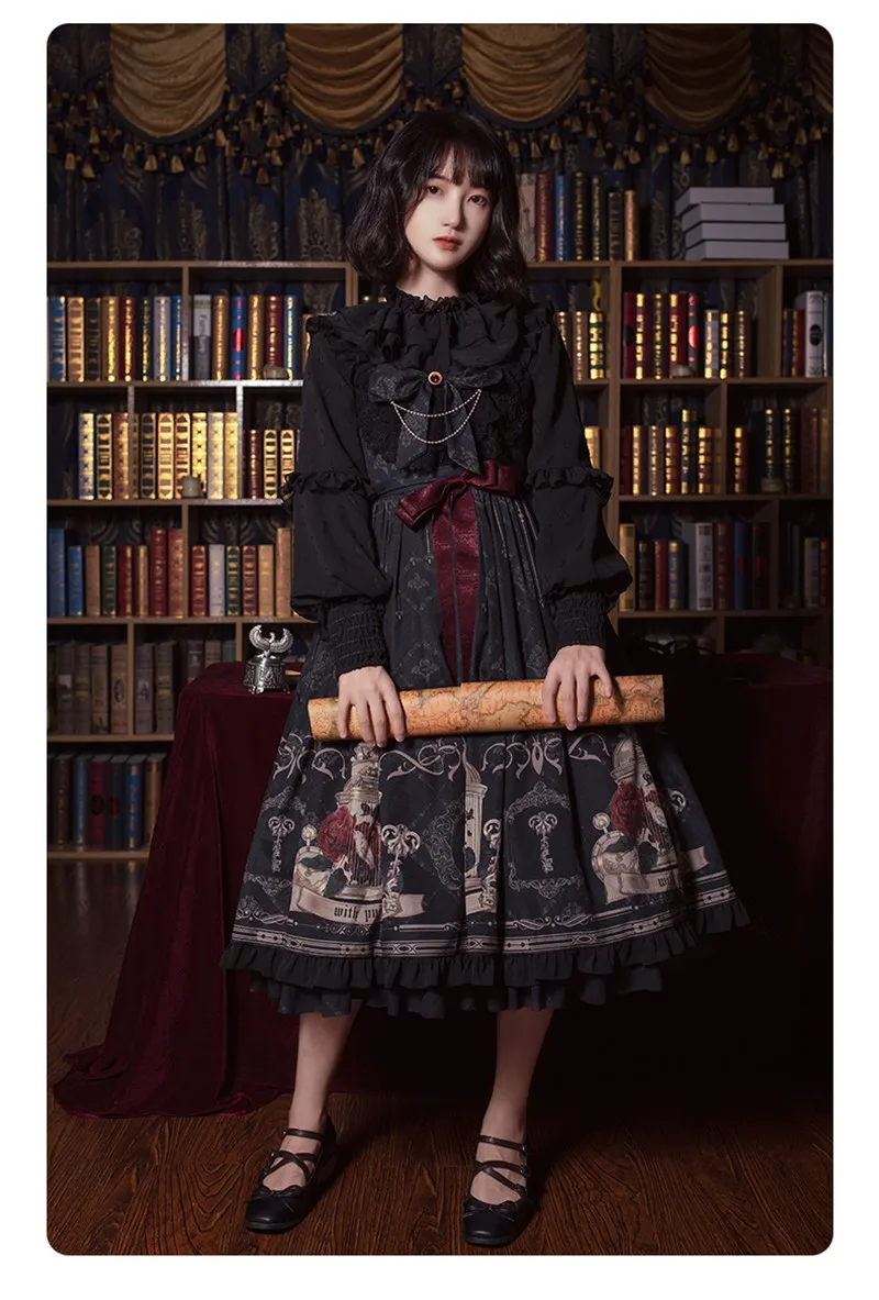

Gothic vintage sweet lolita dress falbala bowknot high waist printing victorian dress kawaii girl gothic lolita jsk loli cosplay