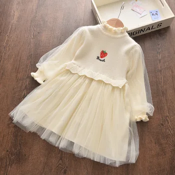 

Girl dress knitted sweater stitching mesh dress 0-5 years old lace sweet puff sleeve dress strawberry princess dress dress