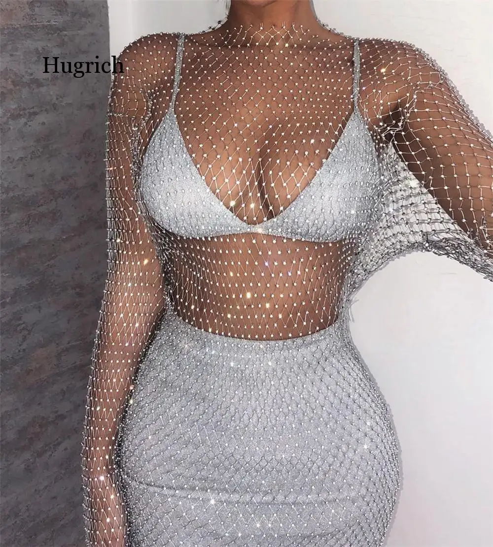 2021 New Crystal Diamond Sexy Bodycon Dress Women Hollow Out Mini Dress Summer Fishnet Mesh Beach Dress Party Vestidos