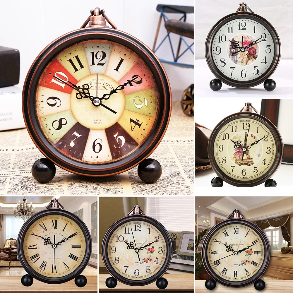 Modern Retro Alarm Clock European Style Round Desktop Office Vintage Glass Lens Decorative Quartz Battery Operated For Home