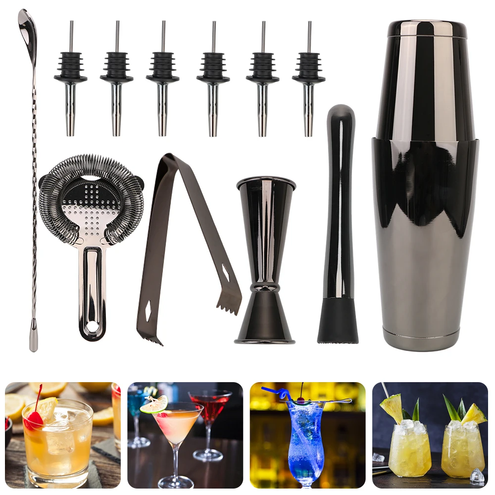 

10pcs/13pcs Set Stainless Steel For Home Bar Party Boston Shaker Cocktail Shaker Bar Set Jigger Muddler Pourer Ice Tong