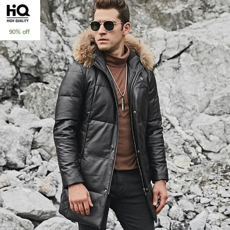 

Raccoon Fur Collar Genuine Leather Mens Down Coats Autumn Winter New Brand Zipper Medium Length Warm Hooded Jackets Plus Size