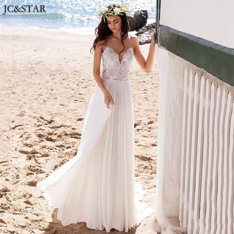 

Beach Boho Wedding Dresses Sexy Backless Spaghetti Straps Chiffon Lace Top Floor Length Wedding Bridal Gowns robes de mariée