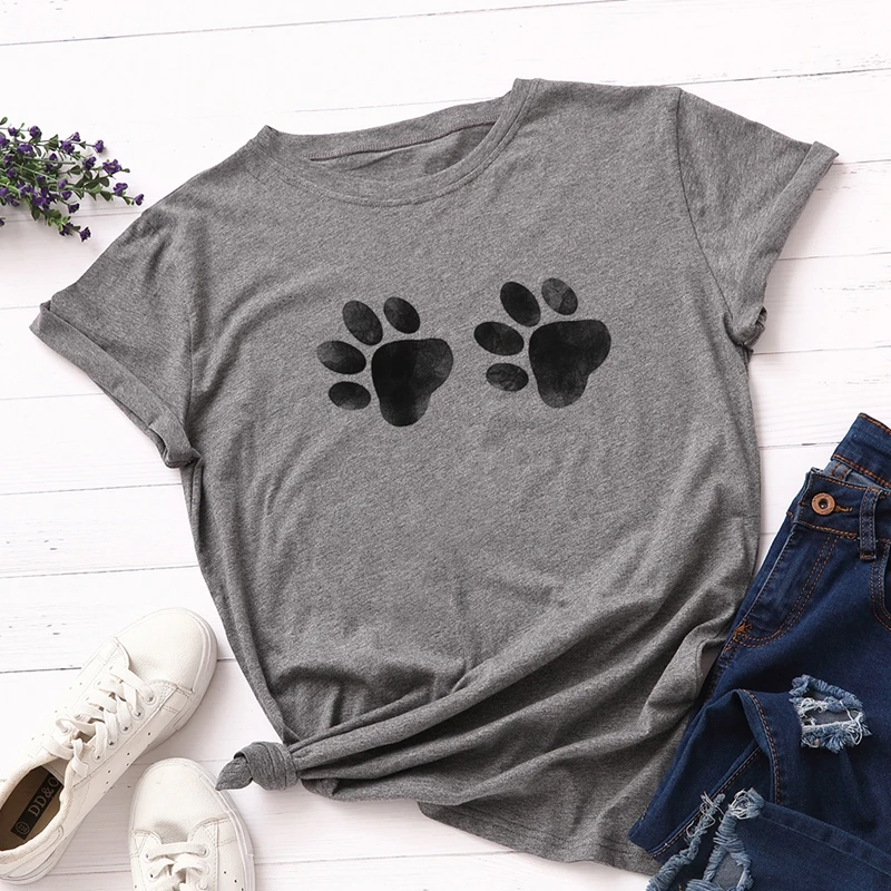 Women Cotton Plus Size T-shirt Graphic Tee Summer Tops Short Sleeve Top Tees Funny Cute Dog Paw Print T Shirts Female Shirt - Цвет: Темно-серый