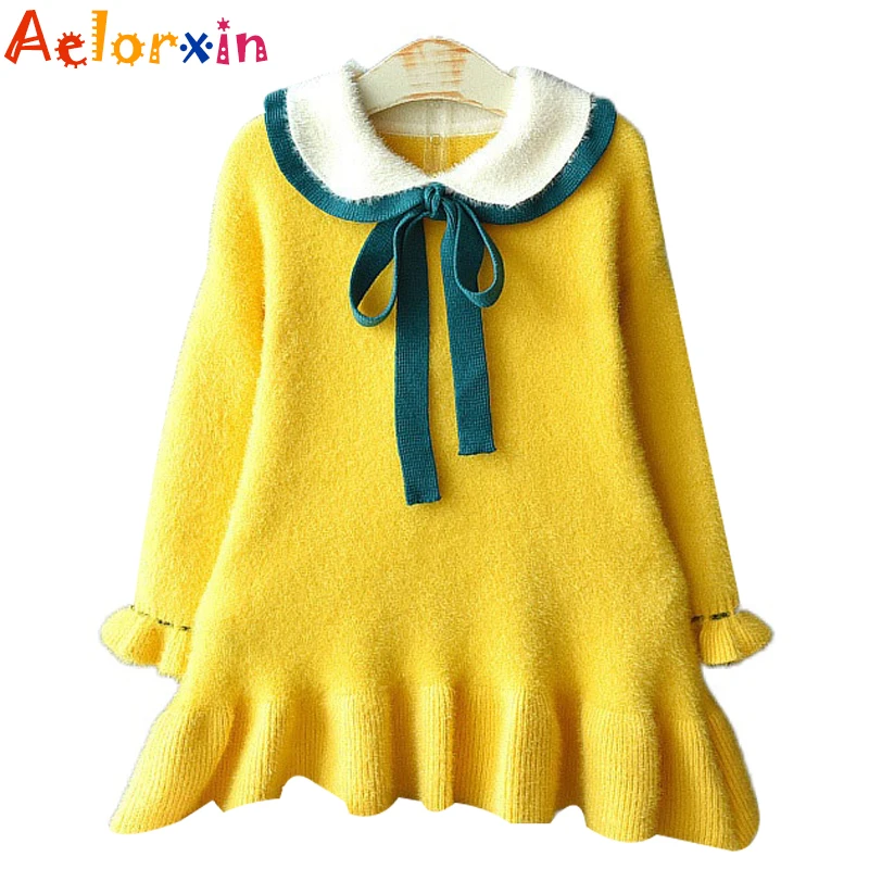 

3-7 Years Winter Girls Vestidos Girls' Wool Dress Artificial Mink Cashmere Knitting Dress Baby Girl Dress Winter Dress
