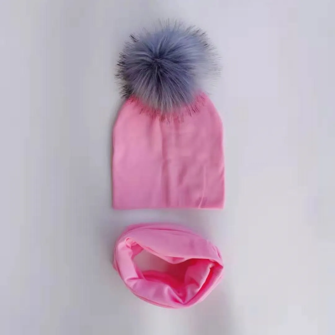 Детская шапка с помпонами, осенне-зимние детские шапки для девочек и мальчиков, детская шапочка, шапка с воротником, шарф, комплект, детская шапка, реквизит для фотосессии - Цвет: 11 pink