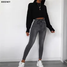 HHDMV SN3683 модные уменьшения возраста уличный стиль для девочек; длинные штаны с высокой талией, пуговицами, пояс, карманы джинсовые маленькие Облегающие штаны