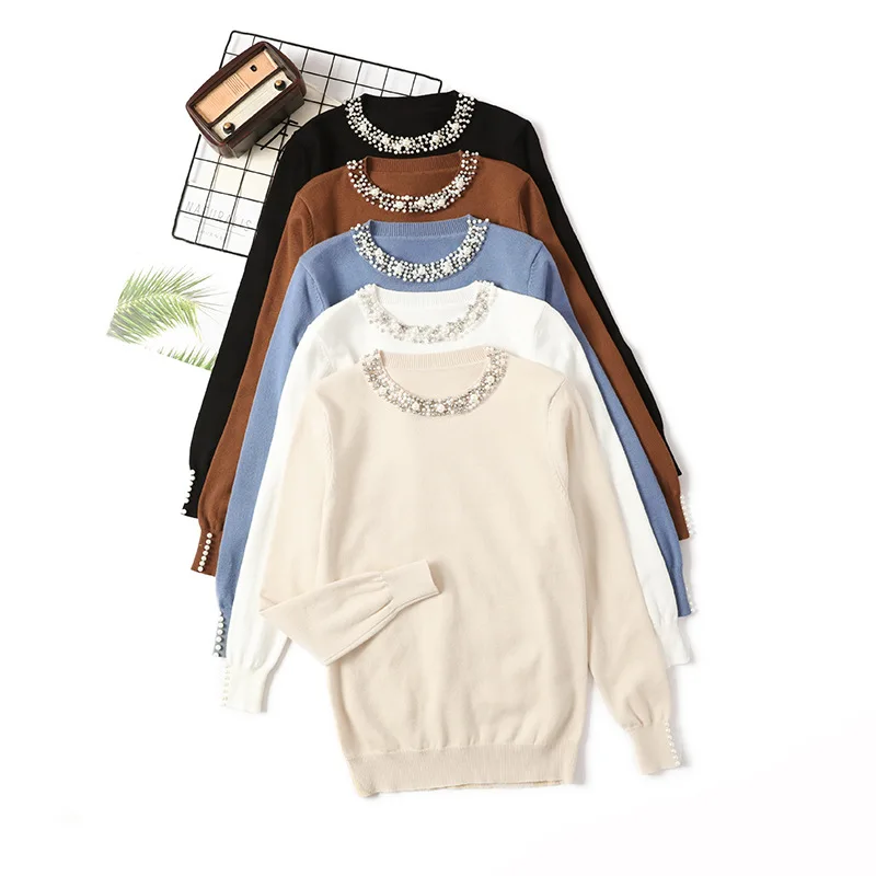 

KALENMOS Autumn Winter Women Knitted O Neck Sweater Ladies Casual Soft Jumper Slim Solid Pullover Femme Beading Sueter Mujer