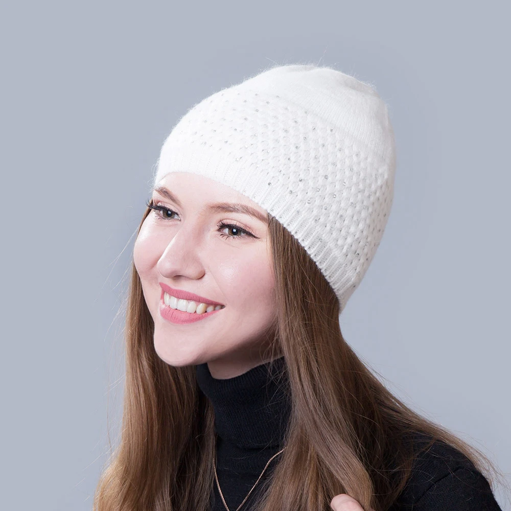 

Beanie Women Winter Hat Knit Wool Rhinestone Autumn Warm Cap Skiing Outdoor Accessory For Girl Teenagers