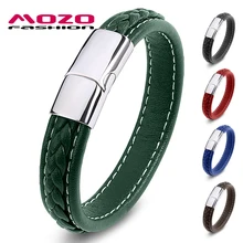 MOZO FASHION Retro Men Jewelry Braided Leather Bracelet Women Handmade Bracelet Trendy Stainless Steel Clasp Wrist Band Green