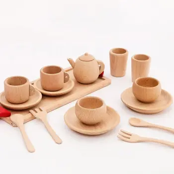 

1Set 1Set Wooden Tableware Tools Tea Pot Tea Cup Teatime Party Play Toy Dollhouse Miniature Kitchen Tableware Accessories for