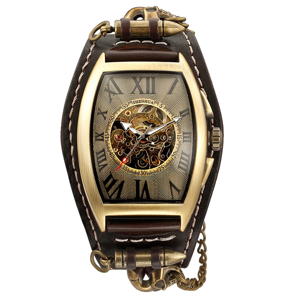 Antique Skeleton Dial Men Automatic Mechanical Watch Vintage Gothic Clock Steampunk Self Winding Watches Brown Rock Reloj Hombre