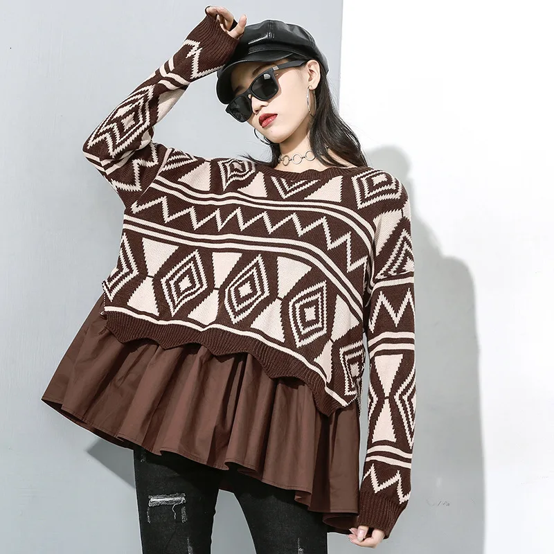 

LANMREM 2020 New Women's Round Neck Stitching Fake Two-piece Sweater Loose Warm Long-sleeved Sweater Dress PC090