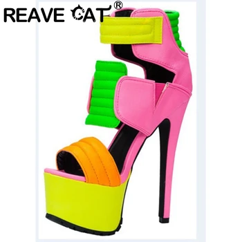 

REAVE CAT 2020 Spring Summer Women Sandals Platform Open Toe Thin high heels Mixed Color Snake Big size 35-47 Casual A2823