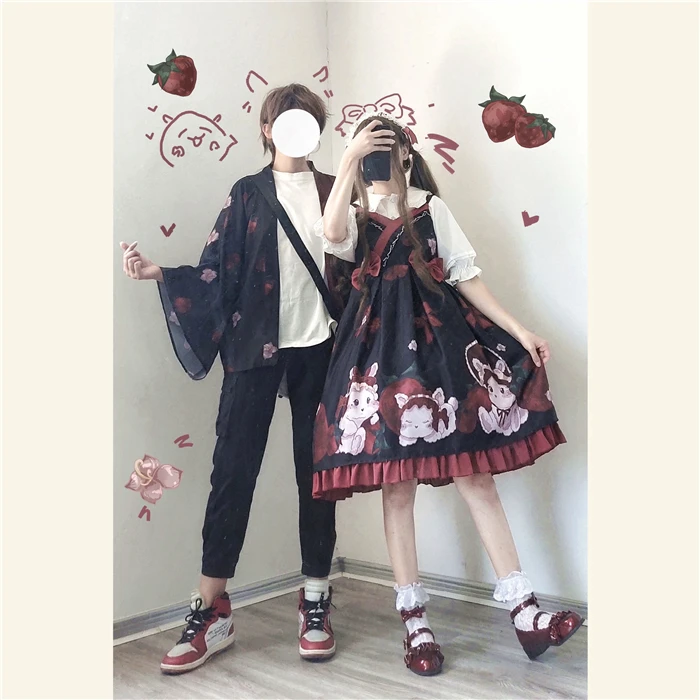 

Strawberry Rabbit Japan Style Sweet Women's Lolita JSK Dress + Haori Trench Sleeveless Dress Cute Bows Trim One Piece Couples
