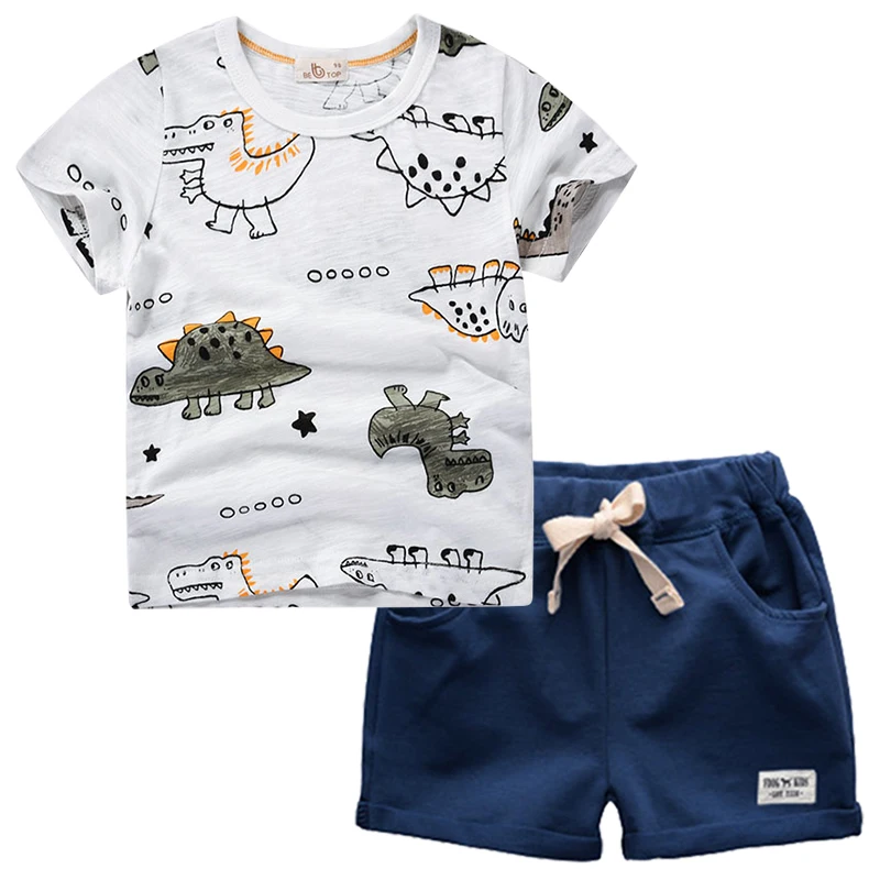 BINIDUCKLING 2021 Summer Toddler Boys Clothes Set Cartoon Dinosaur Printed Cotton T-Shirt Shorts Child Outfits Kids Clothing | Детская