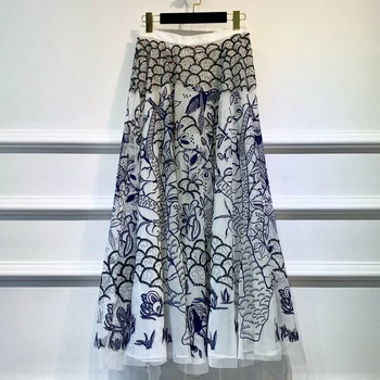 

Red RoosaRosee Designer Women Spring Summer 2020 Luxury Embroidery Sequin High Waist Midi Skirt Elegant Holiday Mesh Lady Skirts