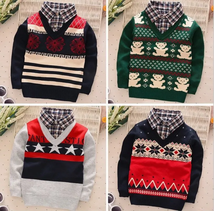 

Autumn And Winter Thick plus Velvet Warm BOY'S Plaid Fold-down Collar Printed Multi--CHILDREN'S Sweater Warm Coat