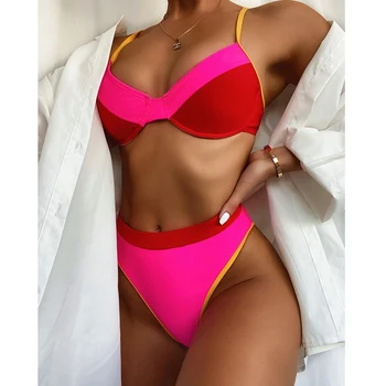 

Contrast Color Bikini Set Women High Waist Swimsuit 2020 Sexy Underwire Push Up Bikini Swimwear Female Bathing Suits Beach Wear