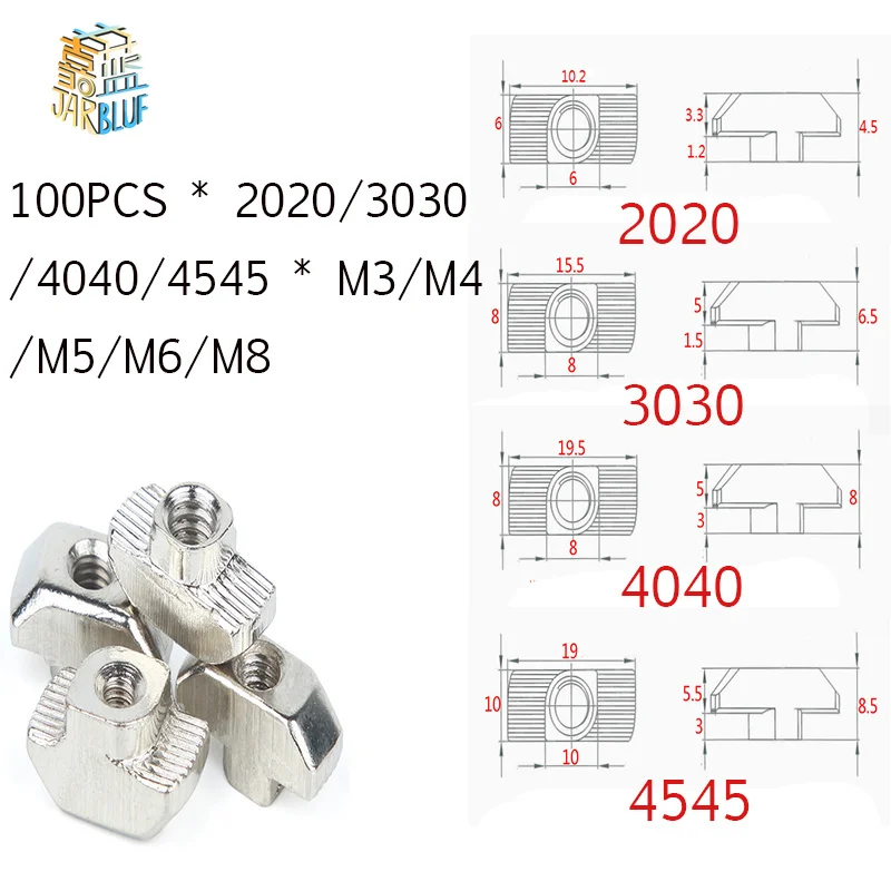 T-nut M3 M4 M5 M6 M8 hamr hlava T ořech svazovat drážka ořech konektor nikl pokovené pro 20 30 40 45 EU aluminium vytlačovací profilu