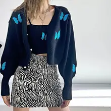 

Jacket Cardigan Ladies Long-sleeved V-neck Autumn and Winter Casual Short Butterfly Embroidered Lantern Sleeve Knitted Sweater