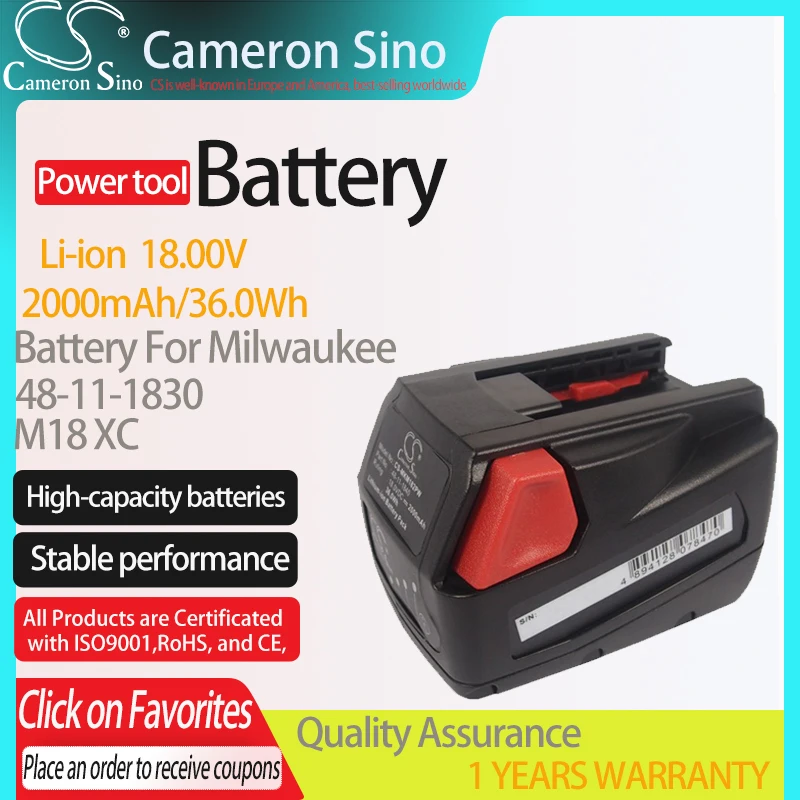 

CameronSino Battery for Milwaukee 48-11-1830 fits Milwaukee M18 XC Power Tools Replacement battery 2000mAh/36.0Wh Li-ion 18.00V