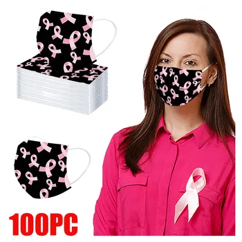

100PC Маска фильтра Máscara Breast Cancer Awareness Hope Ribbon Disposable 3Layer Mask Headband Pink Ribbon Breast Cancer