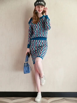 

Women Two Piece Outfits Jacquard Knit Off Shoulder Pullover Sweater + Bodycon Mini 2 Piece Skirt Set Dr820