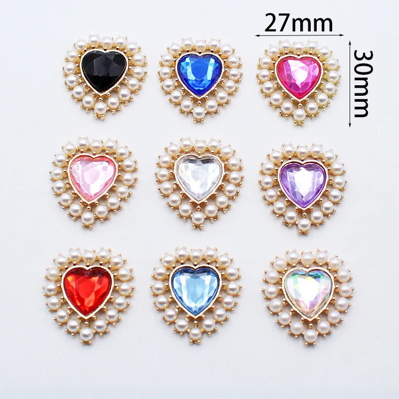 

Hot sale 10pcs 27*30mm alloy peach heart pearl multicolor acrylic gift box clothing decoration buckle DIY jewelry accessories