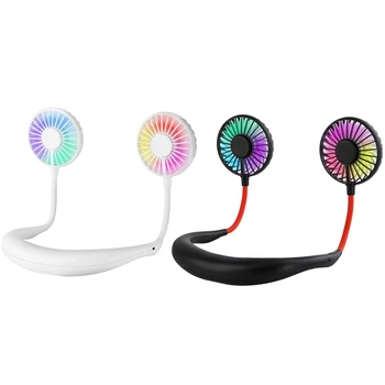 

2 Pcs Hand Free Usb Personal Fan- Portable Handheld Mini Led Fan Headphone Design Neckband Fan Internal Rainbow and White Light,