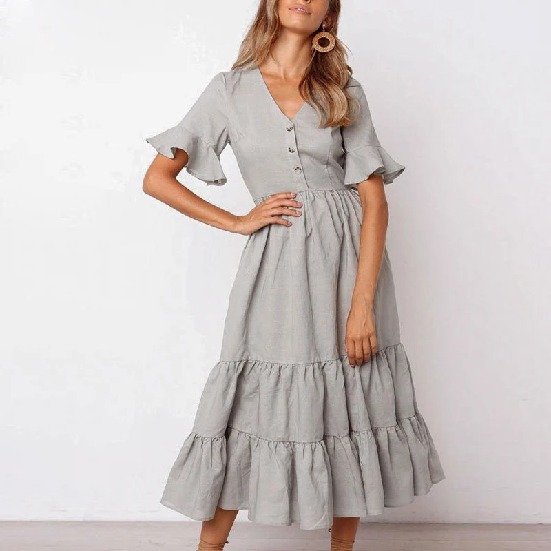 Conmoto женское элегантное серое Макси платье женское повседневное с высокой талией с коротким рукавом длинное платье с v-образным вырезом с рюшами Vestidos плюс размер
