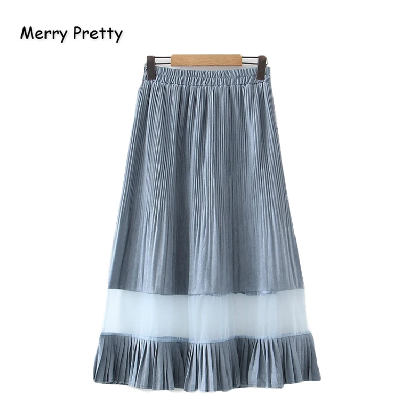 Merry Pretty Soid женские сетчатые лоскутные плиссированные юбки Осенние эластичные талии пояса до середины икры юбки Femme элегантная юбка