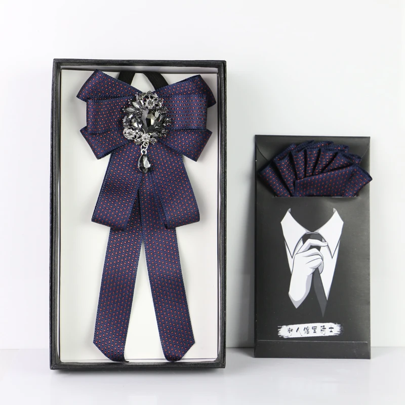2pcs Bow Tie Set Британский мужской женский ленточный галстук-бабочка, носовой цветок, карманный квадратный свадебный галстук для рубашки, пальто, сплав, стразы носовые платки с бантиком - Цвет: 2pcs Bow Tie Set