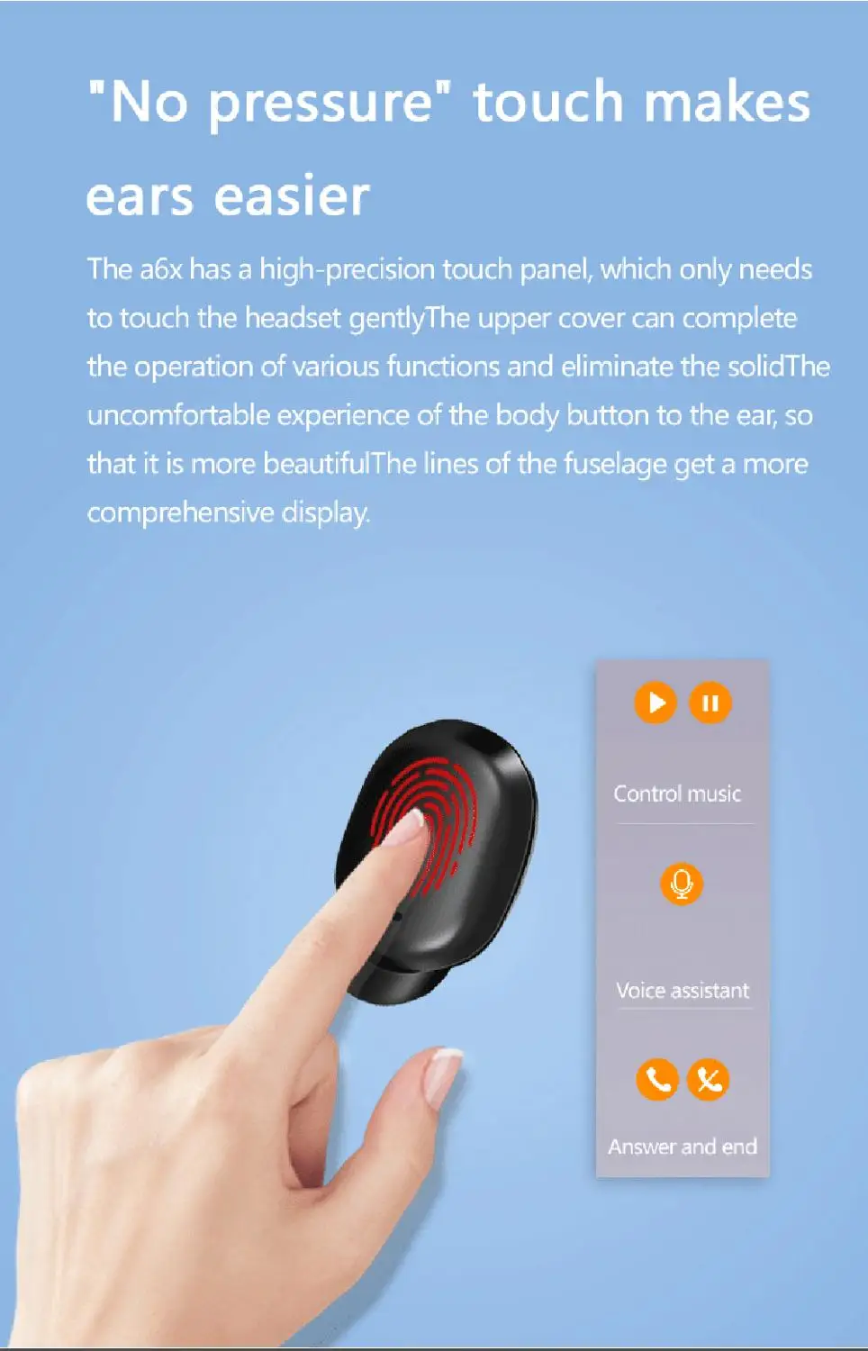 A6X TWS Fingerprint Touch Bluetooth Earphones HD Stereo Wireless Headphones noise Cancelling Gaming Headset