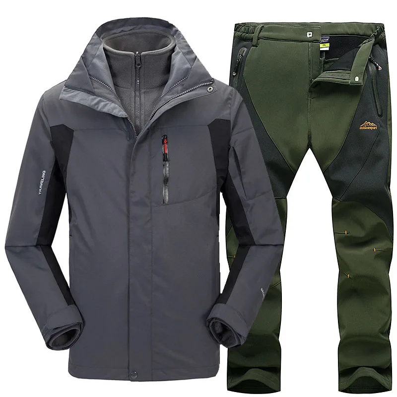 Gray Army green Плотный теплый лыжный костюм для мужчин, водонепроницаемая ветрозащитная Лыжная и Сноубордическая куртка, брюки, комплекты для улицы, для снега, кемпинга, походов, куртка, комплект - Цвет: Gray Army green